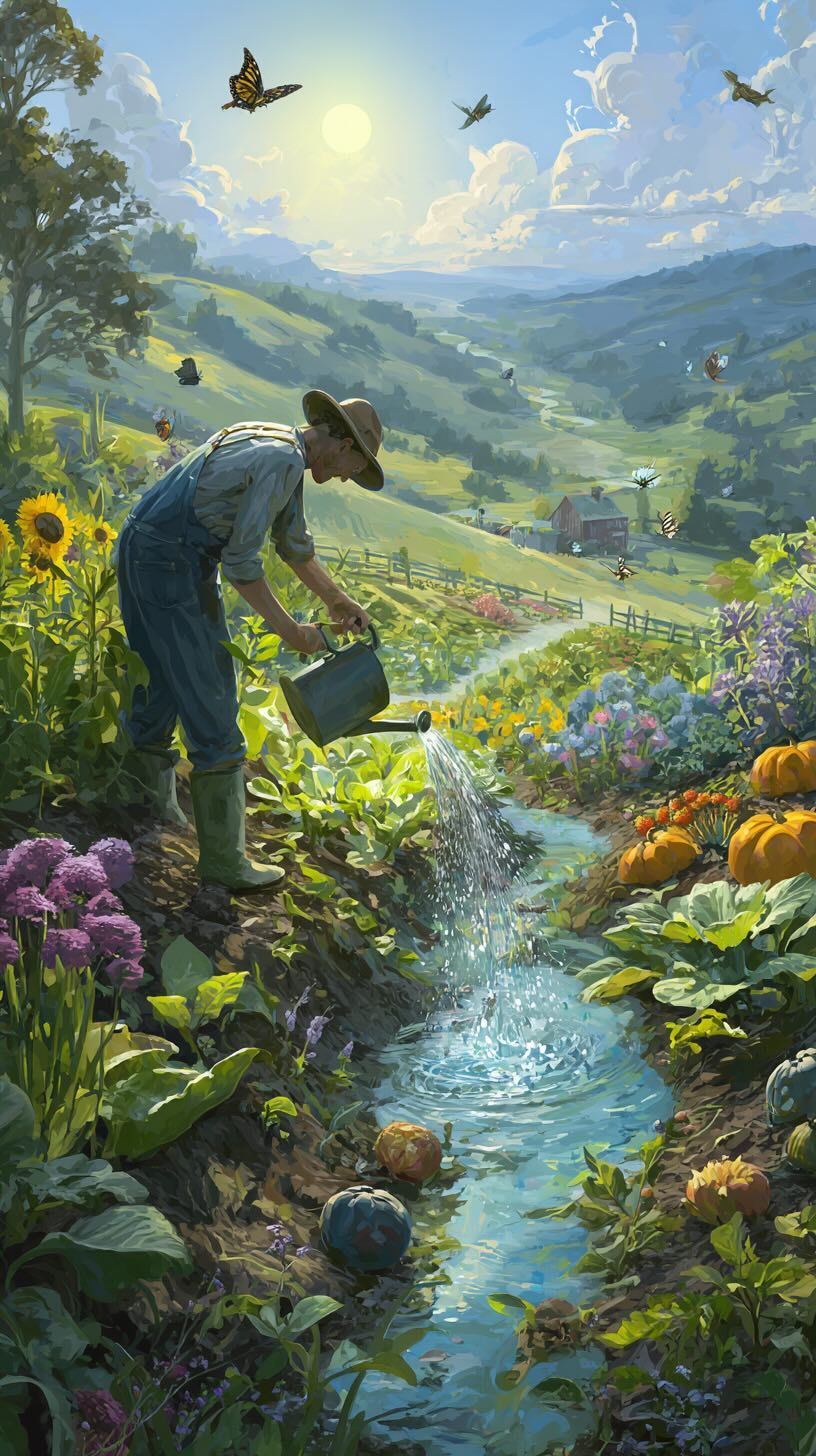 Farmer applying algae-based fertilizer to crops