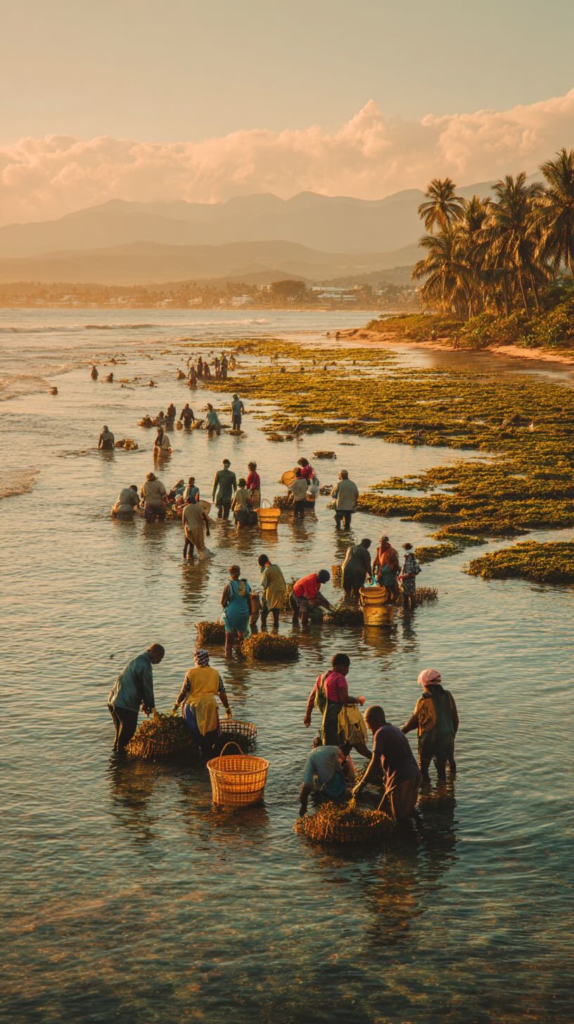People in shallow water farming seaweed
